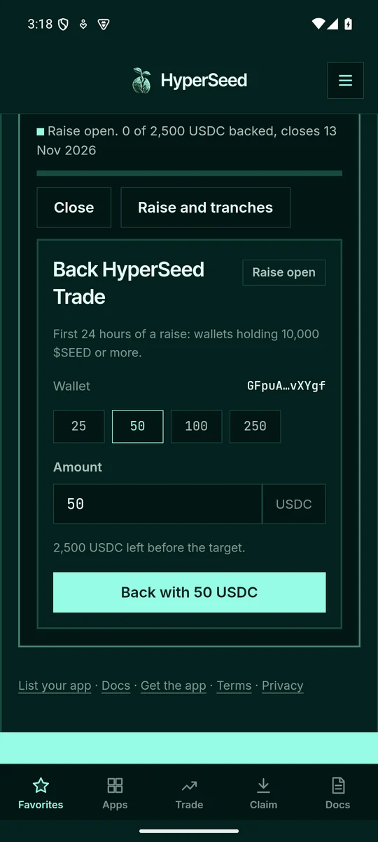 Backing from the Android app: amount chips and the Connect wallet button that opens the wallet app