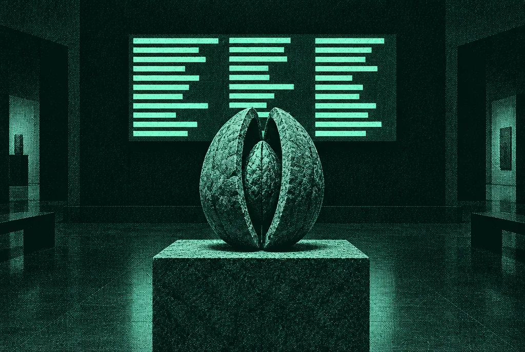A split stone seed on a plinth before a screen of order rows