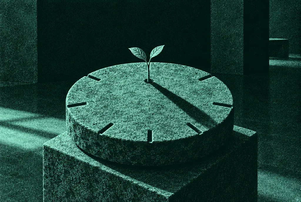 A stone sundial with seven notches and a sprout at its centre