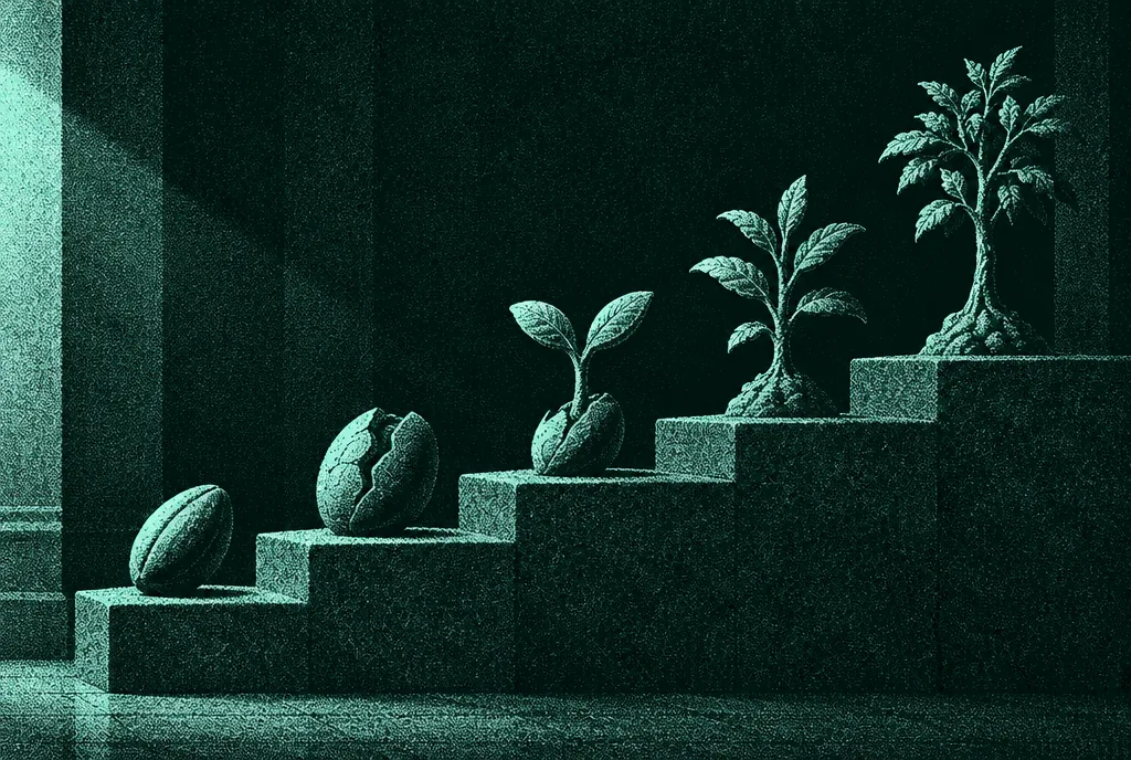 Five stone steps, a seed growing into a sapling from one step to the next